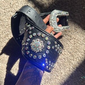 Black Studded  Wide Waist Belt with Silver Accents